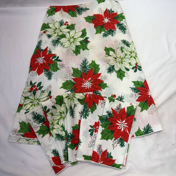 Vintage Round Red White Poinsettia Christmas Tablecloth & 11 Napkins - Picture 1 of 4